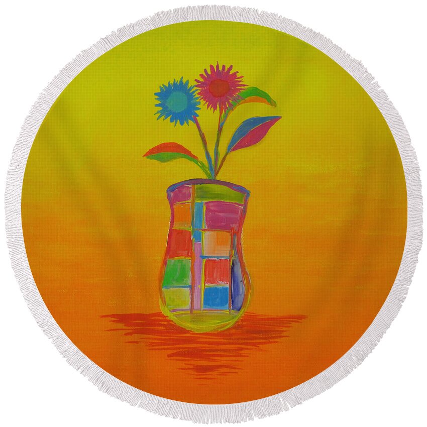 Flowers Round Beach Towel featuring the painting Flowers For Grandma by Jeremy Aiyadurai