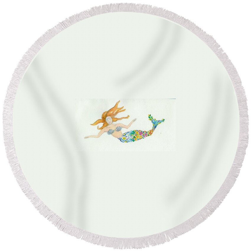 Mermaid Round Beach Towel featuring the painting Mermaid de Fleur by Anne Marie Brown