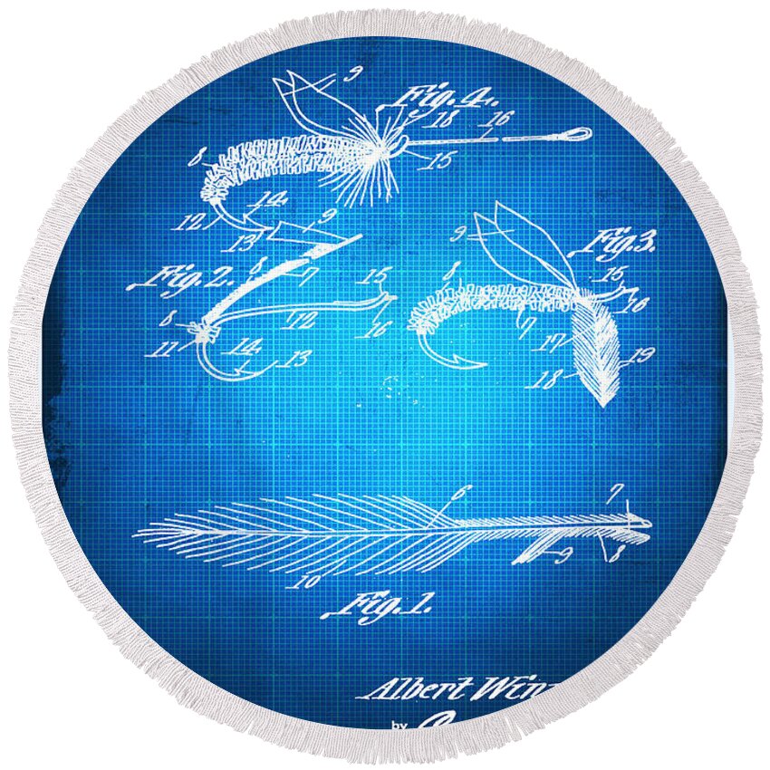 Artificial Fishing Bait Round Beach Towel featuring the mixed media Fly Fishing Bait Patent Blueprint Drawing by Tony Rubino