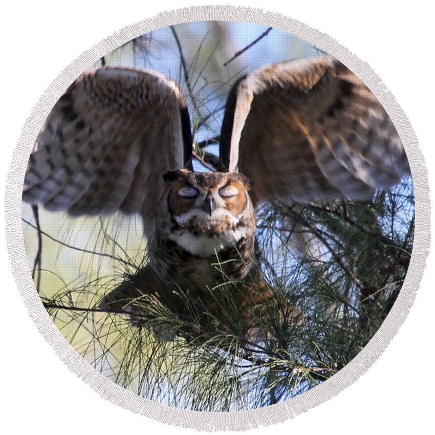 Great Horned Owl Round Beach Towel featuring the photograph Flying Blind - Great Horned Owl by Meg Rousher