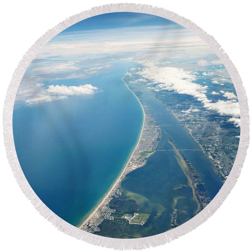 Aerial Round Beach Towel featuring the photograph Flying Over Cocoa Beach Florida by Randi Kuhne