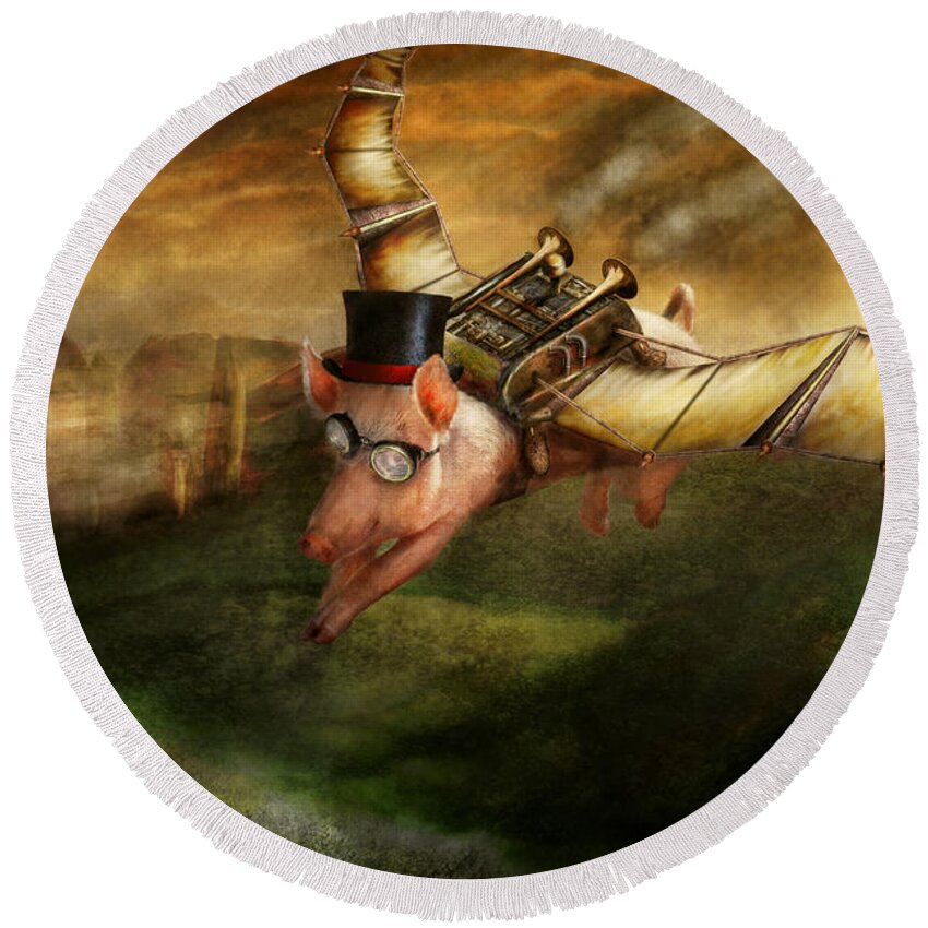 Pig Round Beach Towel featuring the photograph Flying Pig - Steampunk - The flying swine by Mike Savad