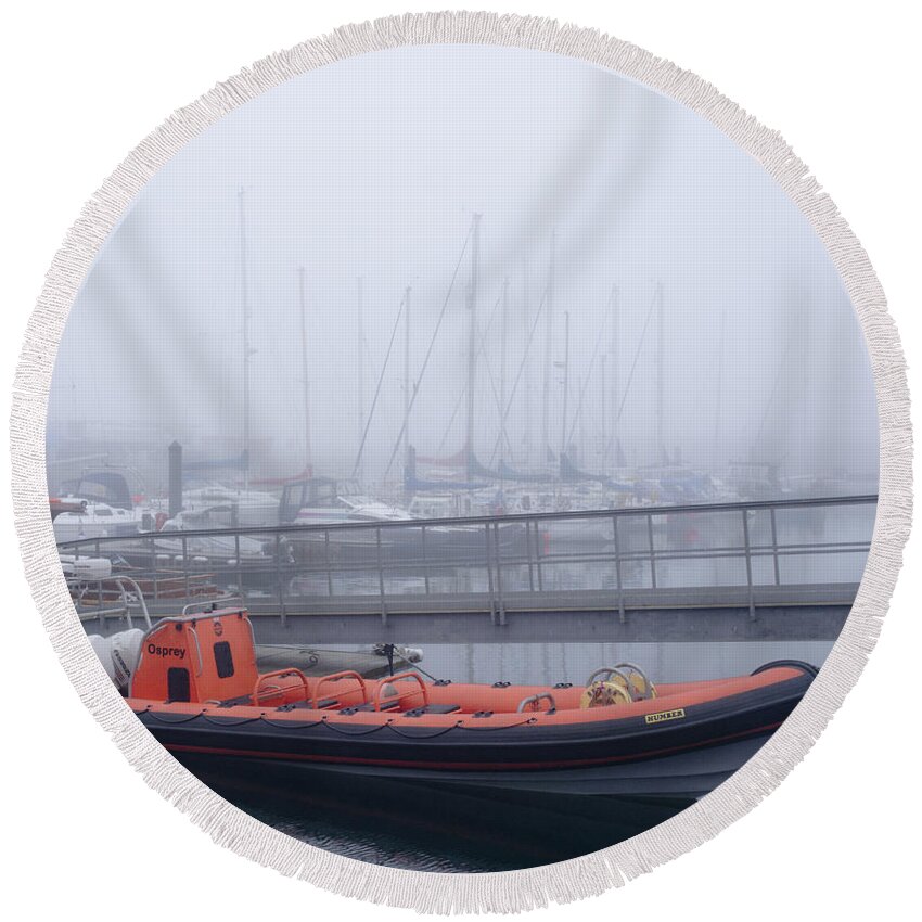 Anstruther Round Beach Towel featuring the photograph Fog in Marina II by Elena Perelman