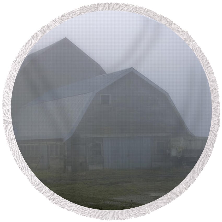 Old Barn Round Beach Towel featuring the photograph Fogged in by Rob Mclean 
