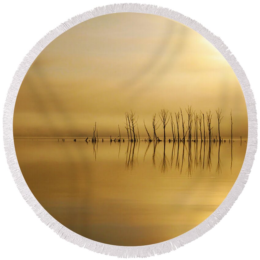 Water Round Beach Towel featuring the photograph Foggy Rise by Roger Becker