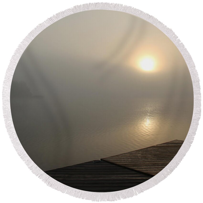 Sun Round Beach Towel featuring the photograph Foggy Sunrise by Debbie Oppermann