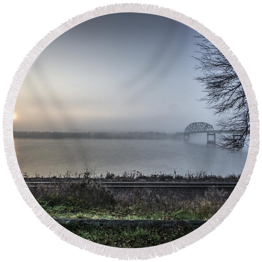 Mississippi River Round Beach Towel featuring the photograph Foggy Sunrise Over the River by Paul Brooks