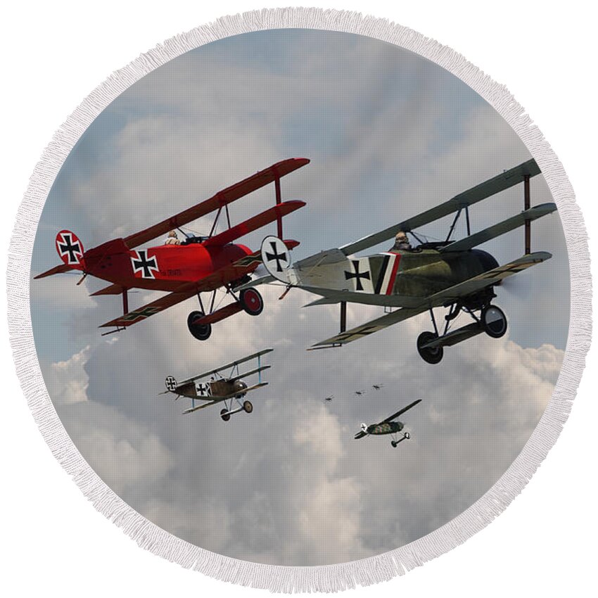 Aircraft Round Beach Towel featuring the photograph Fokker Squadron - Contact by Pat Speirs