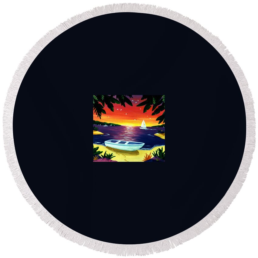 Sunset Round Beach Towel featuring the painting Footprints In Paradise by Lance Headlee