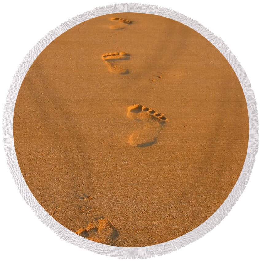 Footprint Round Beach Towel featuring the photograph Footprints in the Sand by Andreas Thust