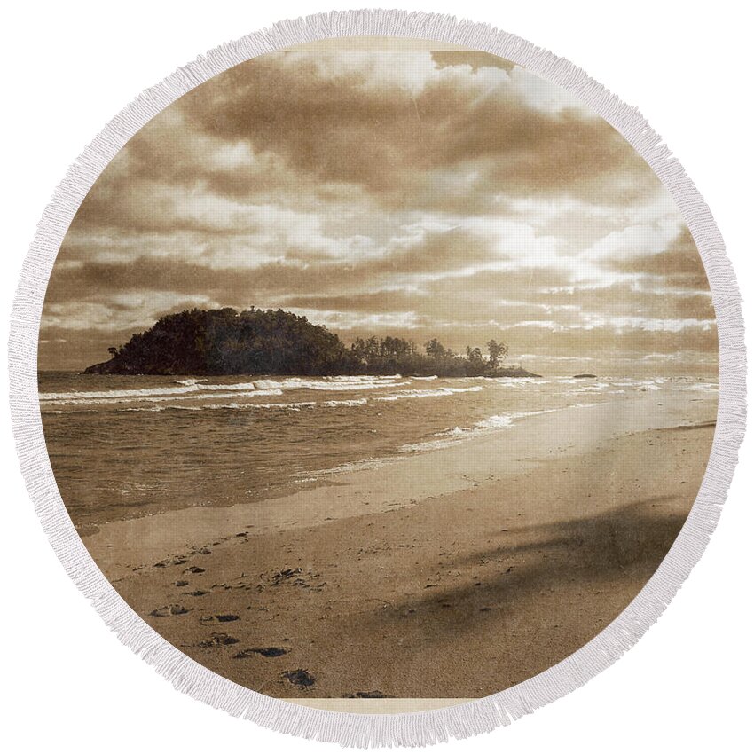 Vintage Photography Round Beach Towel featuring the photograph Footsteps In The Sand by Phil Perkins