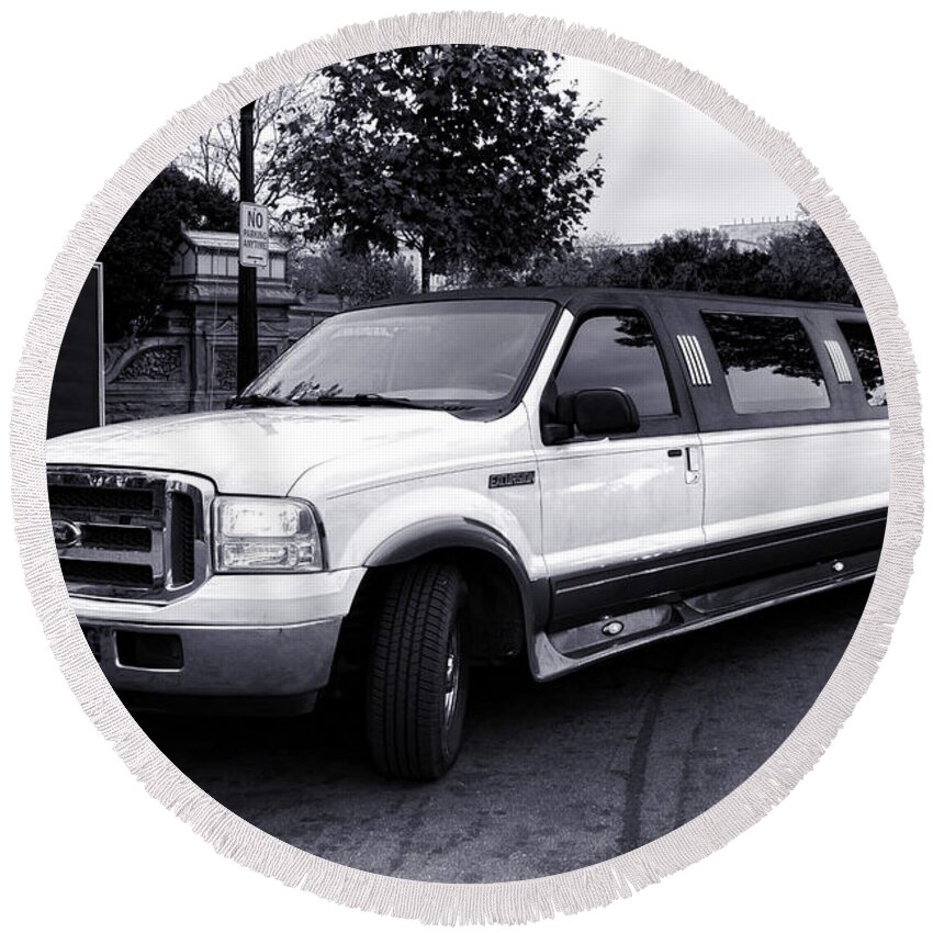 Ford Round Beach Towel featuring the photograph Ford Excursion Stretched Limo by Olivier Le Queinec