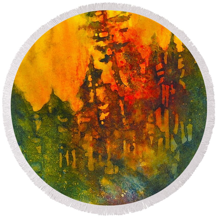 Wildland Round Beach Towel featuring the painting Forest Glow #5 by Tonja Opperman