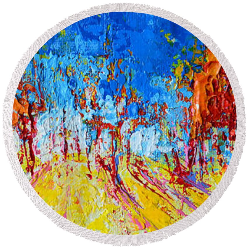 Tree Forest Artwork Scenic Painting Round Beach Towel featuring the painting Tree Forest 1 Modern Impressionist landscape painting palette knife work by Patricia Awapara