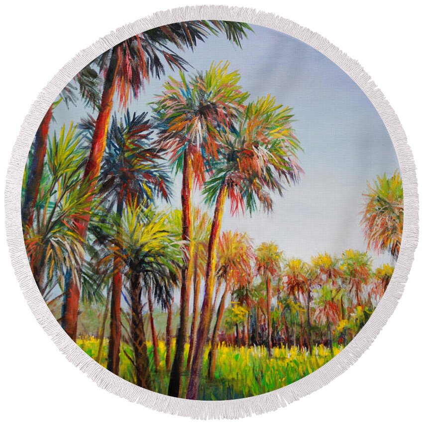 Forest Of Palm Trees Round Beach Towel featuring the painting Forest of Palms by Lou Ann Bagnall