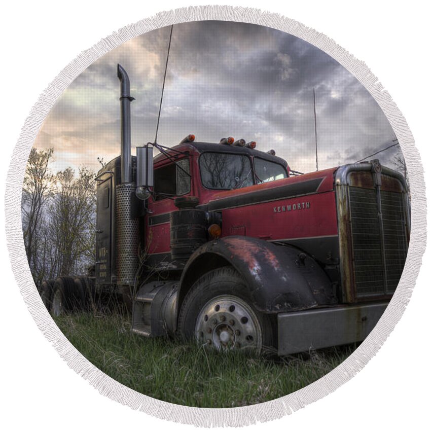 Abandoned Round Beach Towel featuring the photograph Forgotten Big Rig 2013 by Aaron J Groen