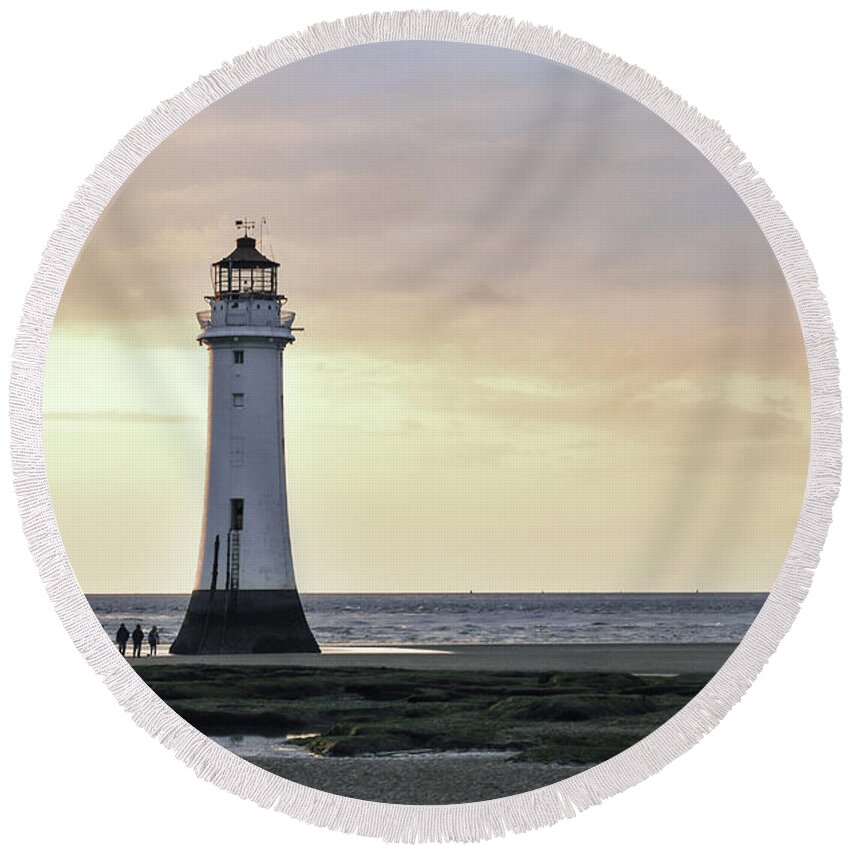 Lighthouse Round Beach Towel featuring the photograph Fort Perch Lighthouse and ship by Spikey Mouse Photography