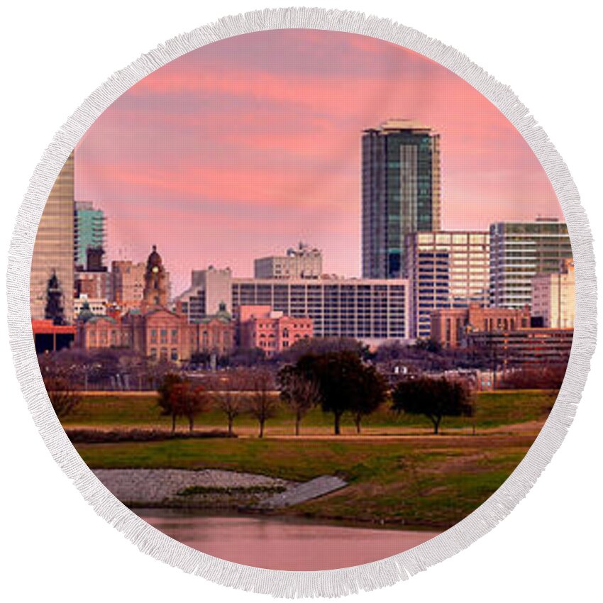 Fort Worth Skyline Round Beach Towel featuring the photograph Fort Worth Skyline at Dusk Evening Color Evening Panorama Ft Worth Texas by Jon Holiday