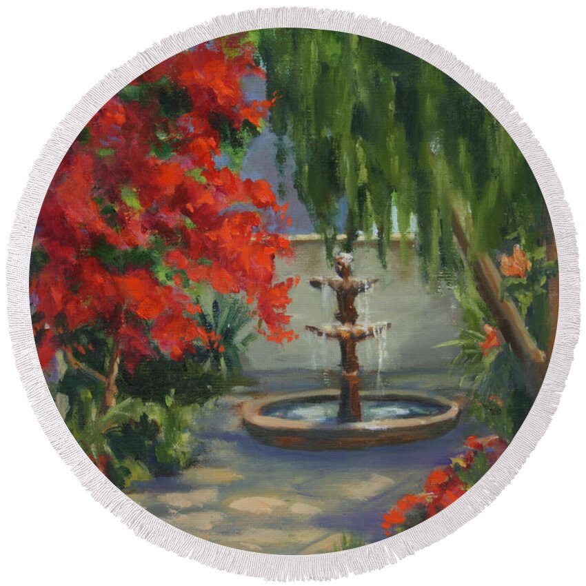 Fountain Round Beach Towel featuring the painting Relaxing in the Courtyard by Maria Hunt