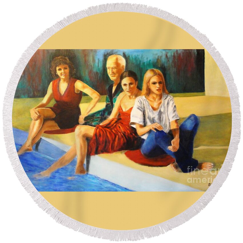 Pool Round Beach Towel featuring the painting Four At A Pool by Dagmar Helbig