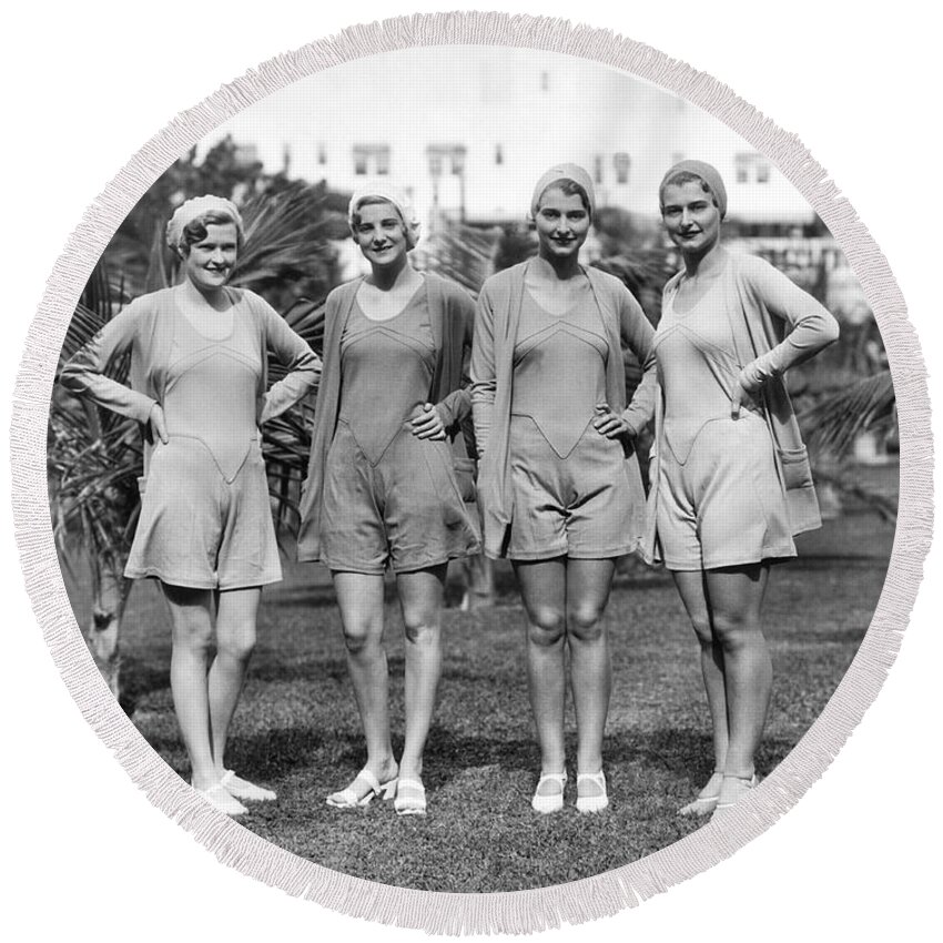 1035-679 Round Beach Towel featuring the photograph Four Bathing Suit Models by Underwood Archives