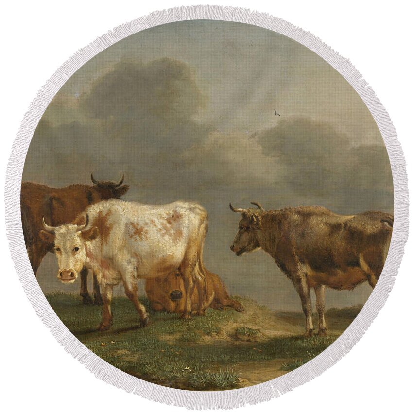 Potter Round Beach Towel featuring the painting Four Cows in a Meadow by Paulus Potter