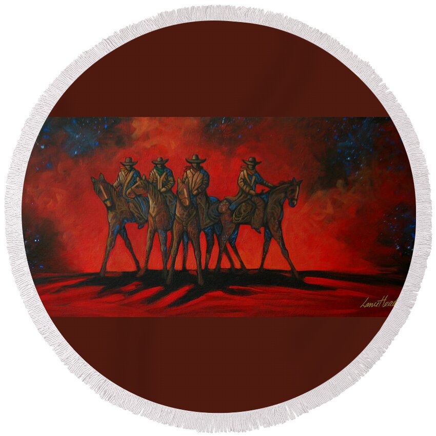 Contemporary Round Beach Towel featuring the painting Four On The Hill by Lance Headlee