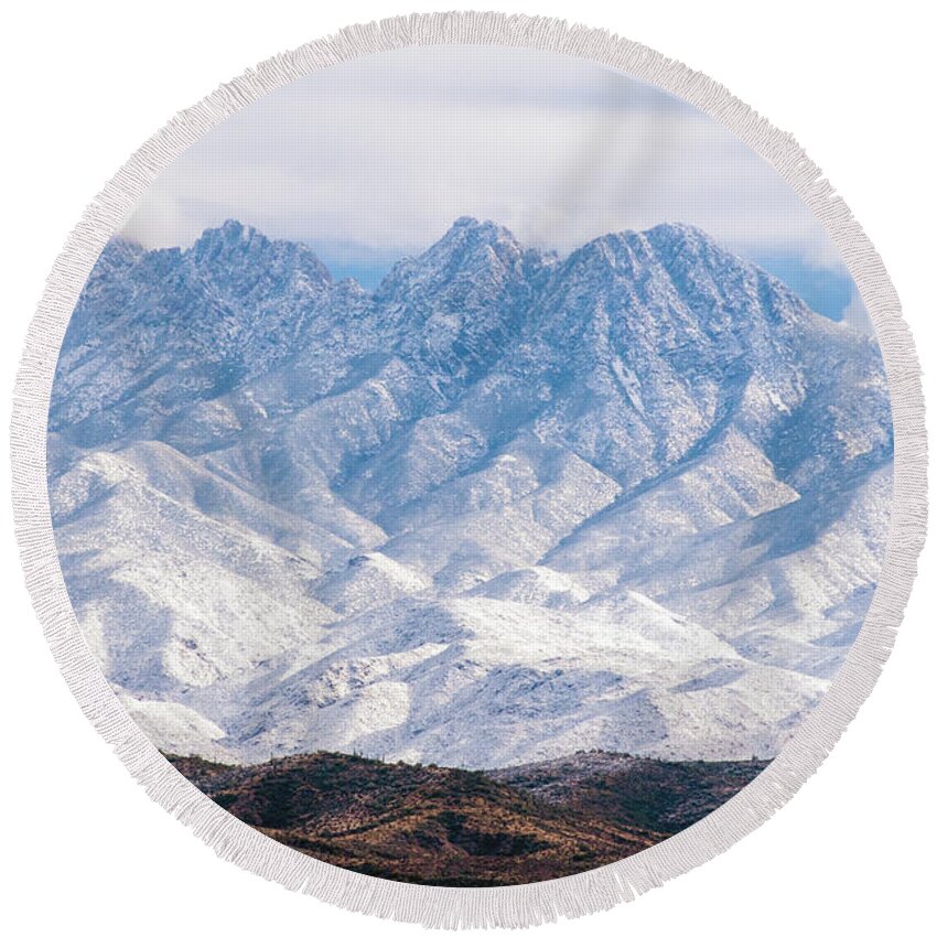 Four Peaks Round Beach Towel featuring the photograph Four Peaks Snow by Tam Ryan