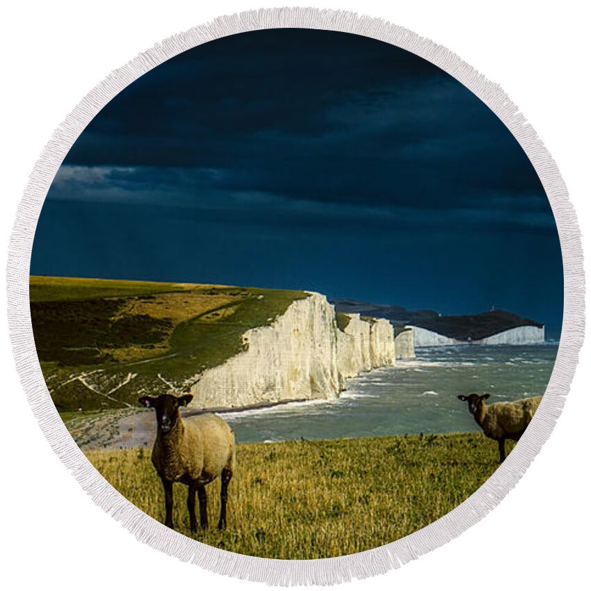 Seven Sisters Round Beach Towel featuring the photograph Four Sheep and Seven Sisters by Chris Lord