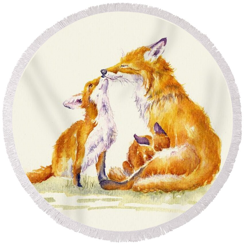 Foxes Round Beach Towel featuring the painting Foxy Family by Debra Hall