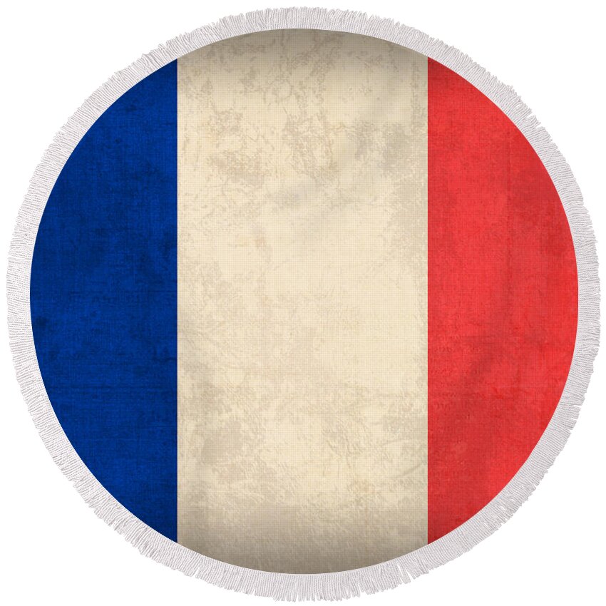 France Flag Paris Marseilles French Europe Round Beach Towel featuring the mixed media France Flag Distressed Vintage Finish by Design Turnpike