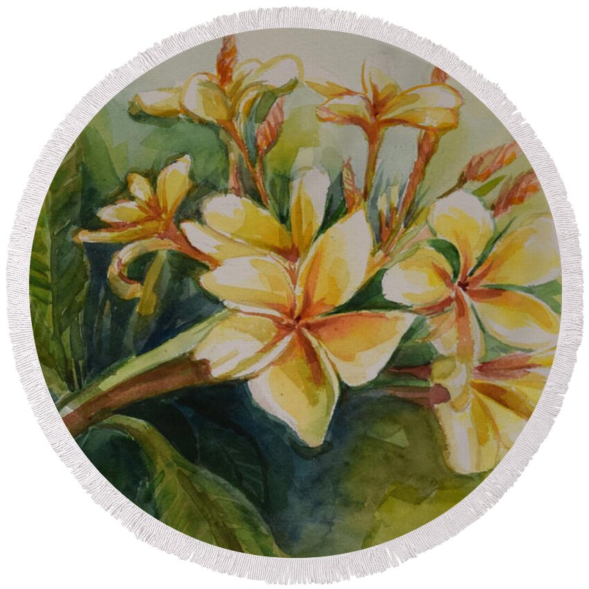 Frangipani Round Beach Towel featuring the painting Frangipani by Jyotika Shroff