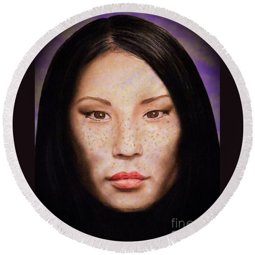 Drawing Round Beach Towel featuring the drawing Freckle Faced Beauty Lucy Liu III Altered Version by Jim Fitzpatrick