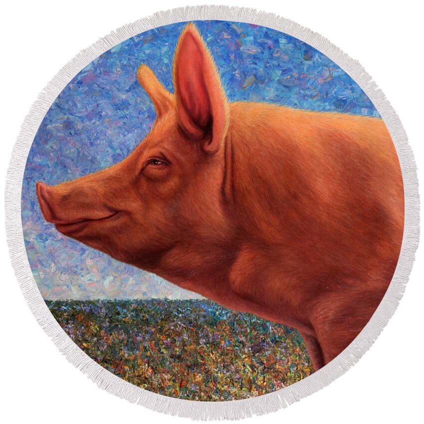 Pig Round Beach Towel featuring the painting Free Range Pig by James W Johnson