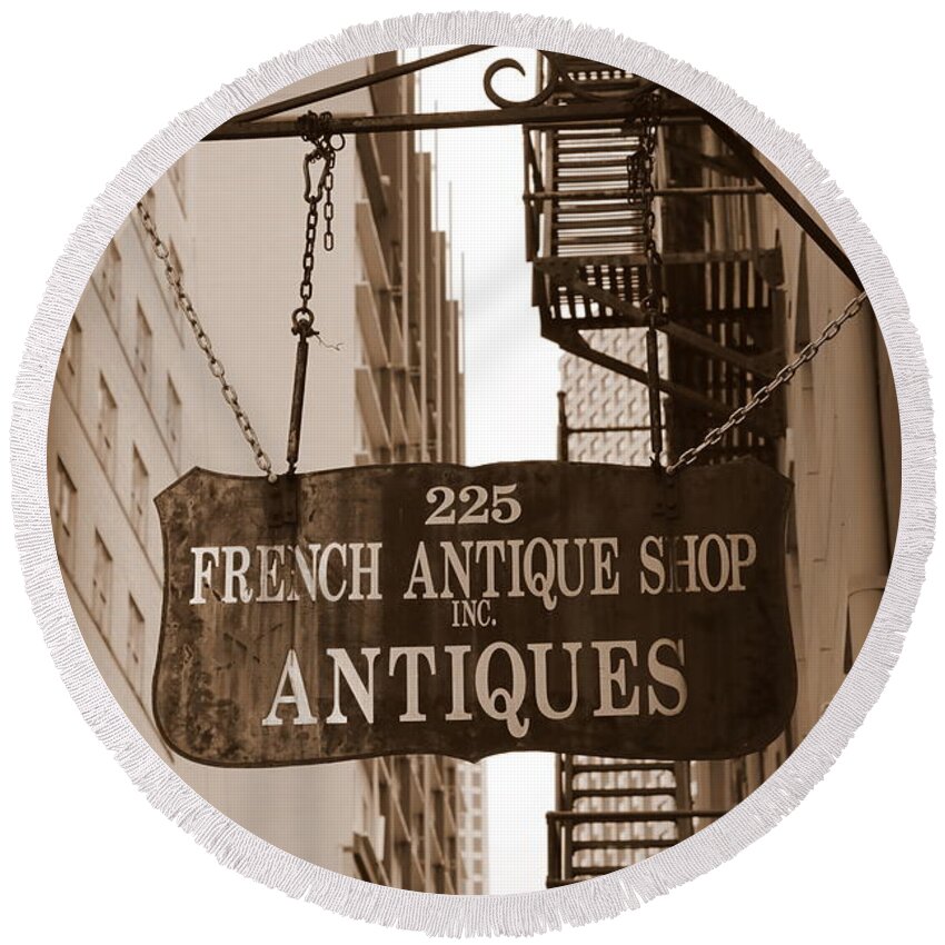 New Orleans Round Beach Towel featuring the photograph French Antique Shop Sign - Sepia by Carol Groenen