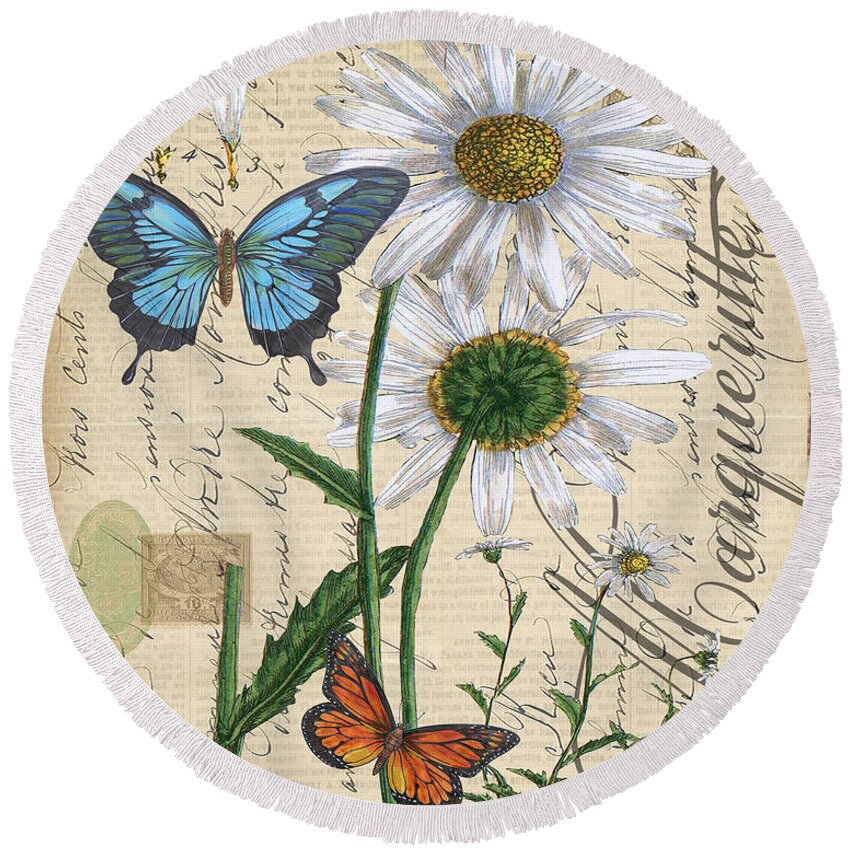 Flower Round Beach Towel featuring the mixed media French Botanical-Marqueritte by Jean Plout