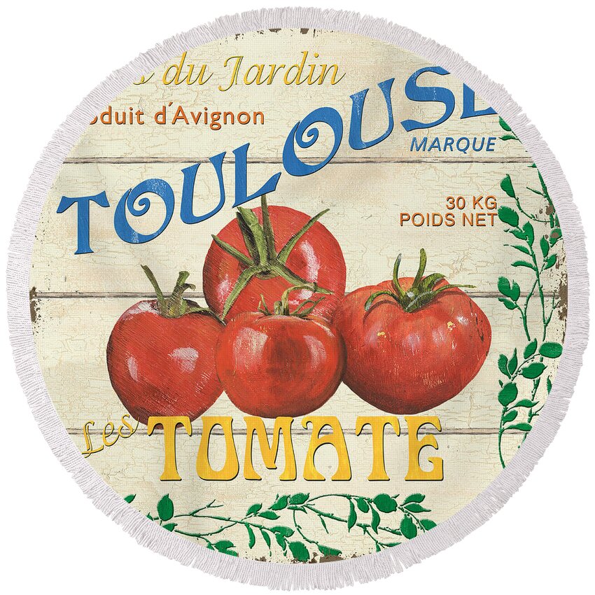 Tomatoes Round Beach Towel featuring the painting French Veggie Sign 3 by Debbie DeWitt