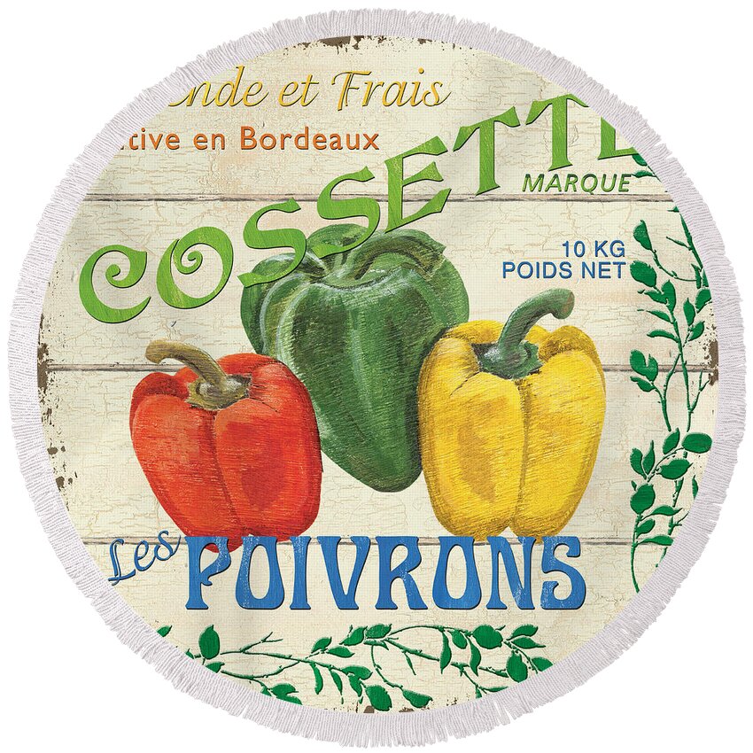 Peppers Round Beach Towel featuring the painting French Veggie Sign 4 by Debbie DeWitt