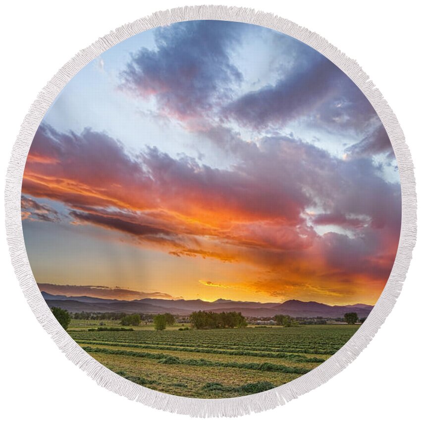 Farm Round Beach Towel featuring the photograph Fresh Cut Hay and Colorful Sky by James BO Insogna