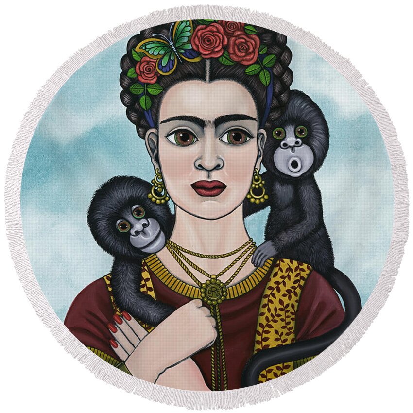 Frida Kahlo Round Beach Towel featuring the painting Frida In The Sky by Victoria De Almeida