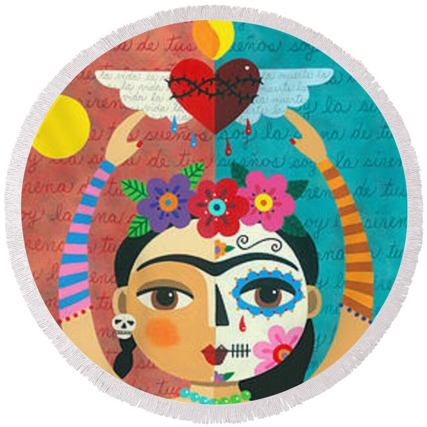 Frida Round Beach Towel featuring the painting Frida Kahlo Mermaid Angel with Flaming Heart by Andree Chevrier