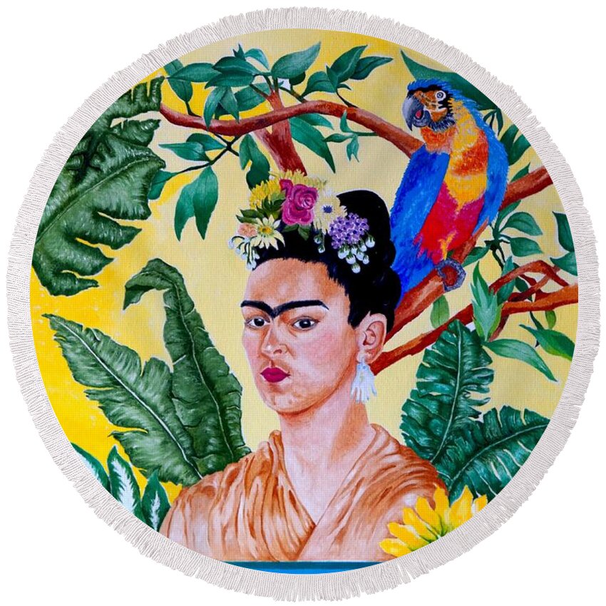 Portrait Round Beach Towel featuring the painting Frida Kahlo by Thomas Gronowski