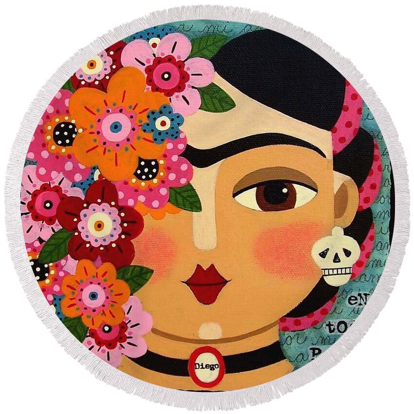Frida Round Beach Towel featuring the painting Frida Kahlo with Flowers and Skull by Andree Chevrier