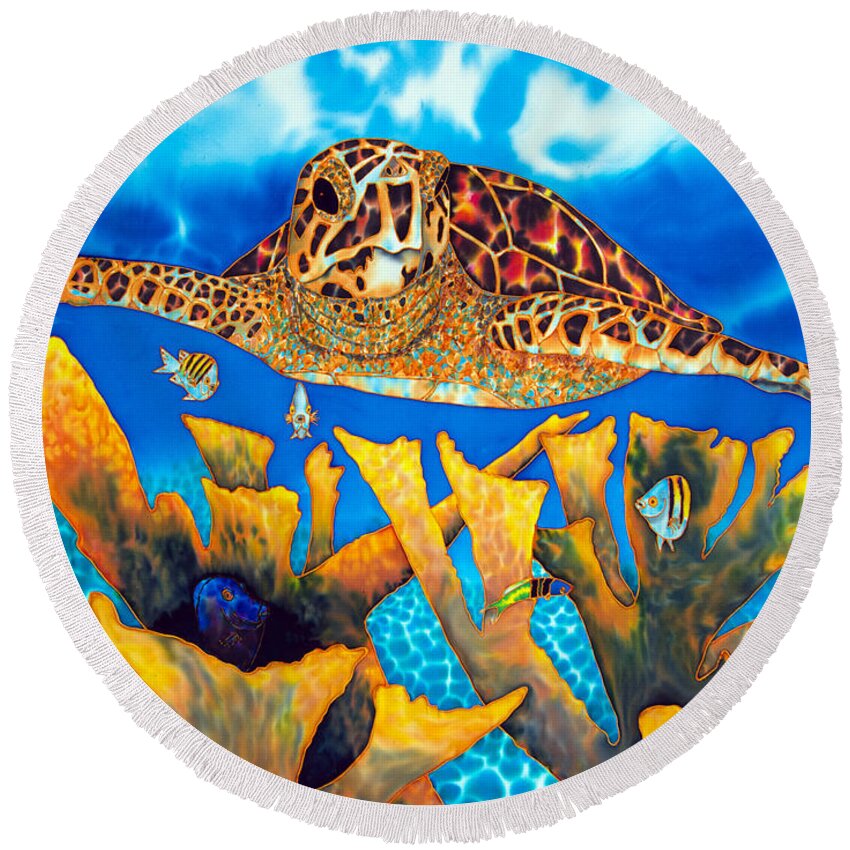 Turtle Round Beach Towel featuring the painting Friendly Hawksbill Sea Turtle by Daniel Jean-Baptiste