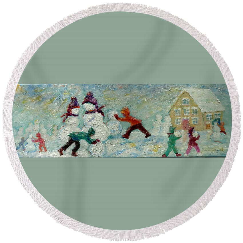 Kids Building Snow People Round Beach Towel featuring the painting Friends Making Friends by Naomi Gerrard