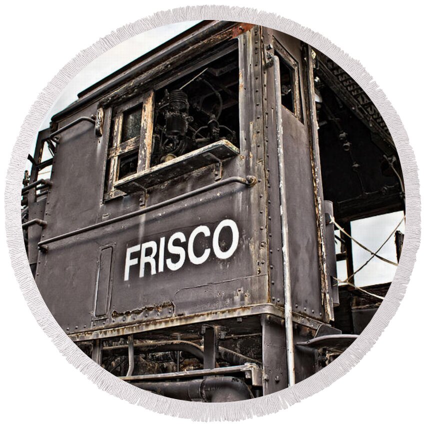 Frisco Round Beach Towel featuring the photograph Frisco Locamotive Cab by Ms Judi