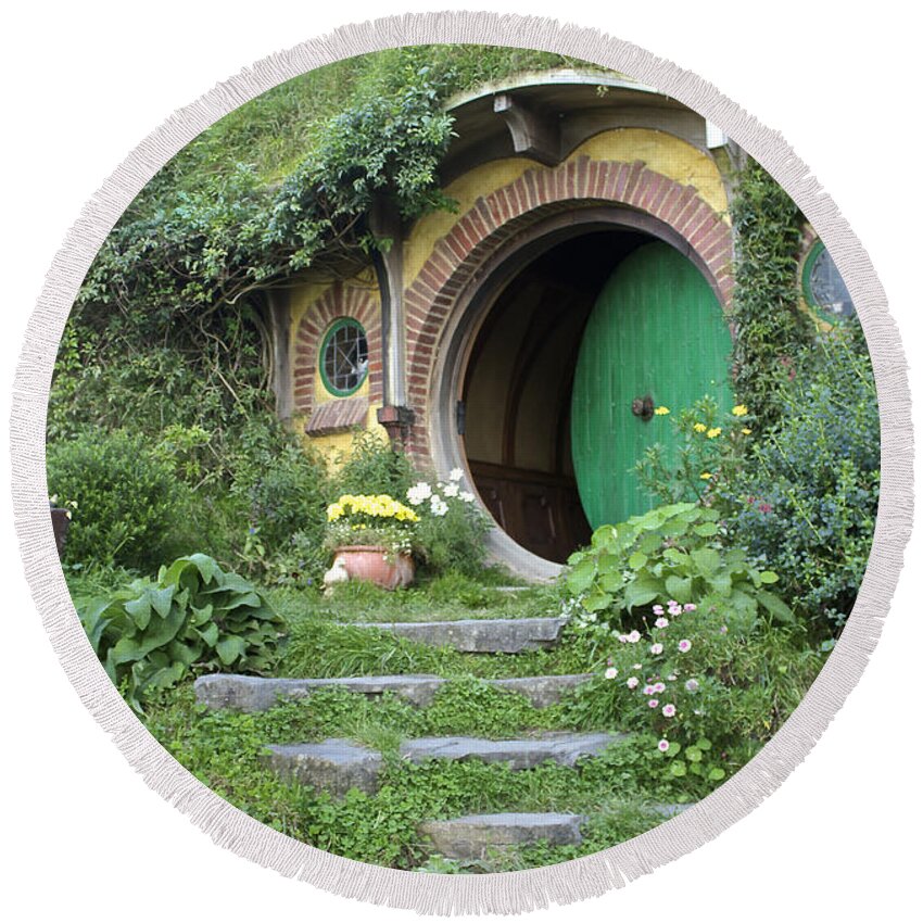 Hobbiton. The Shire Round Beach Towel featuring the photograph Frodo Baggins Lives Here, New Zealand by Venetia Featherstone-Witty