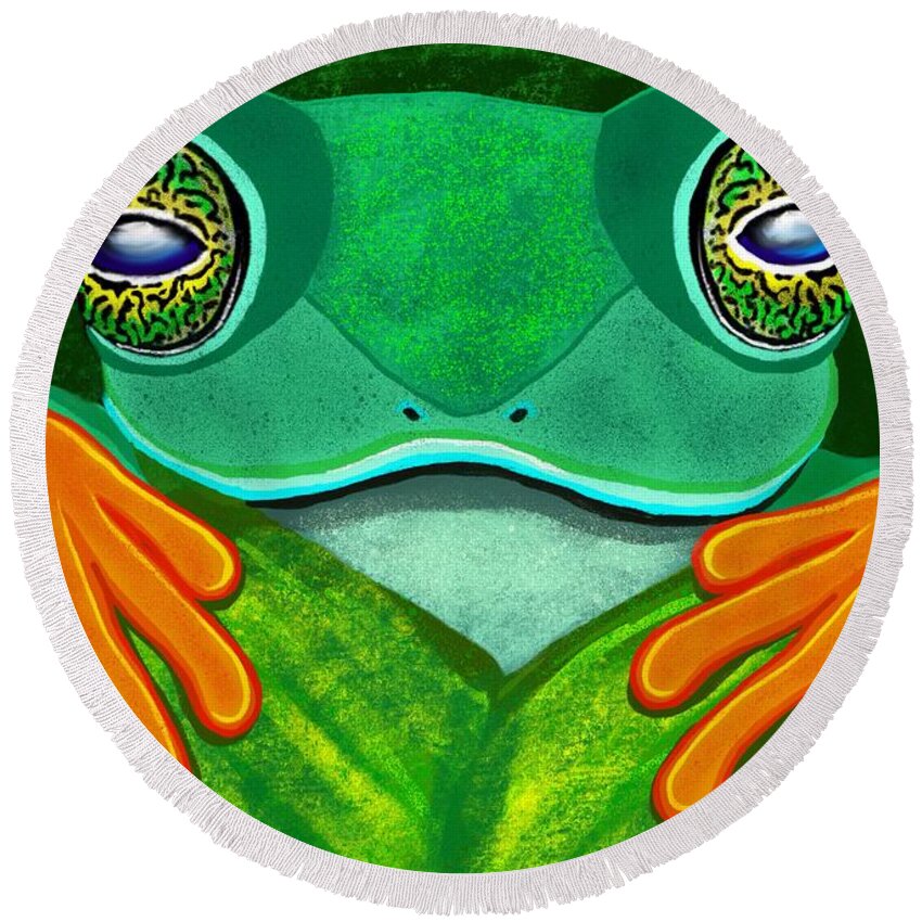 Frog Round Beach Towel featuring the digital art Frog peeking over leaf by Nick Gustafson