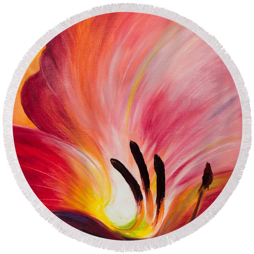 Red Round Beach Towel featuring the painting From the Heart of a Flower RED I by Gina De Gorna