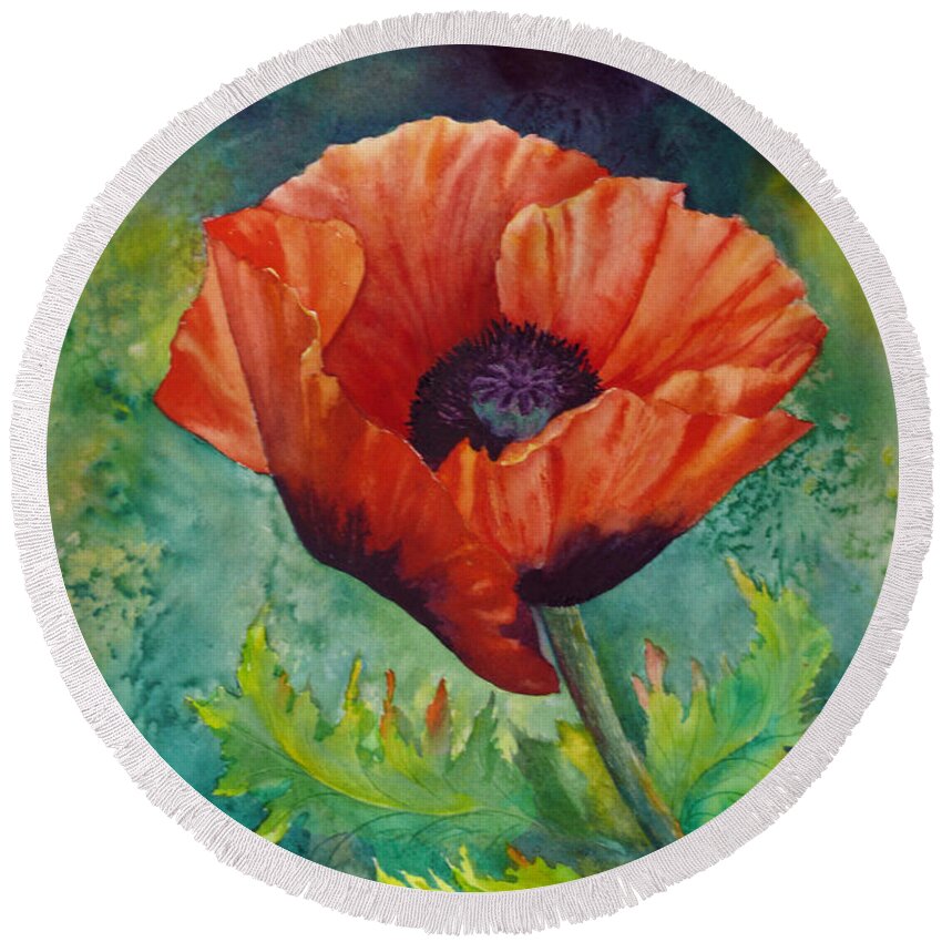 Red Oriental Poppy Round Beach Towel featuring the painting From the Poppy Patch by Karen Mattson